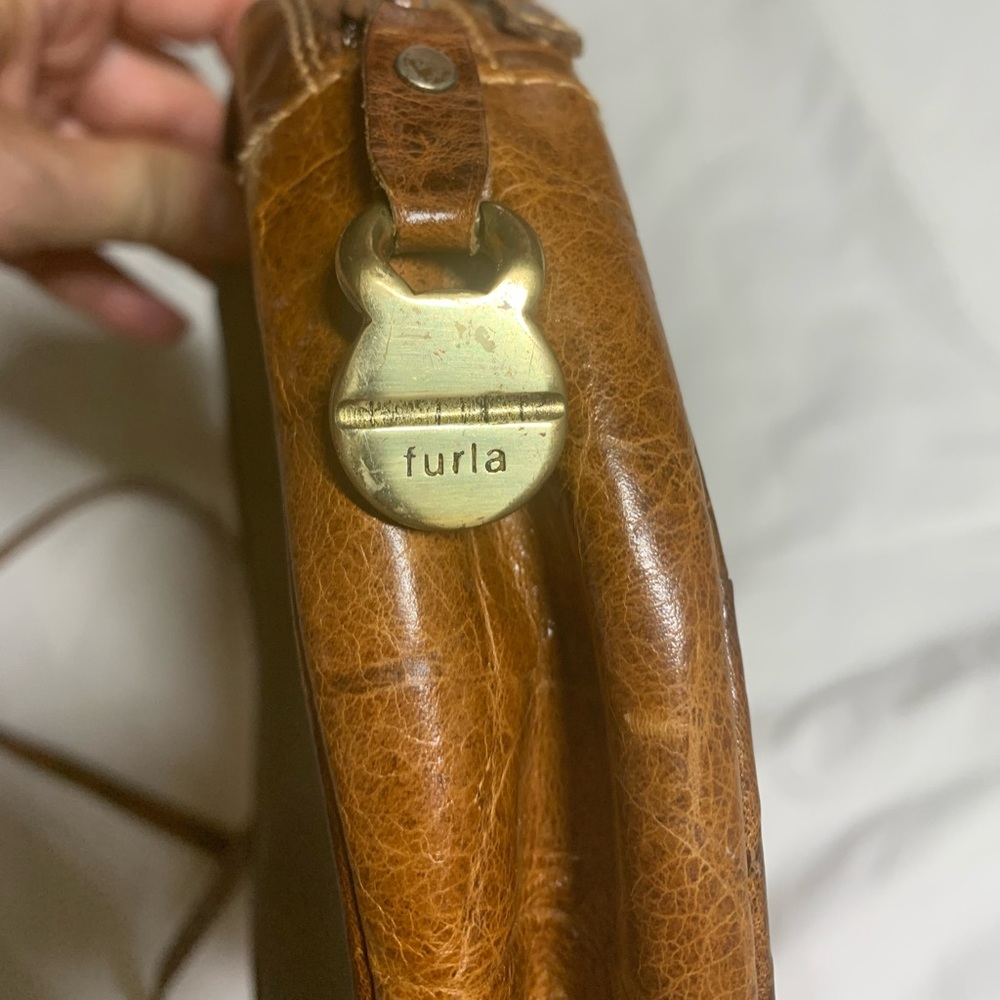 Metallic Round Furla Crossbody Purse, Brown Trim
